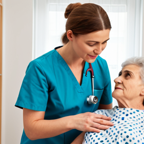 Home 4 ** A physiotherapist genuinely connecting with a senior patient during a session, demonstrating empathy and personalized care. Focus on conveying warmth and a strong patient-therapist bond. The setting should be a bright, modern clinic with visible rehabilitation equipment.
**