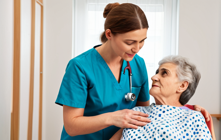 ** A physiotherapist genuinely connecting with a senior patient during a session, demonstrating empathy and personalized care. Focus on conveying warmth and a strong patient-therapist bond. The setting should be a bright, modern clinic with visible rehabilitation equipment.
**