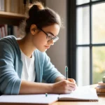 물리치료사의 논문 작성 과정 - A focused young adult, a physiotherapy student, is deeply engrossed in writing their thesis at a wel...