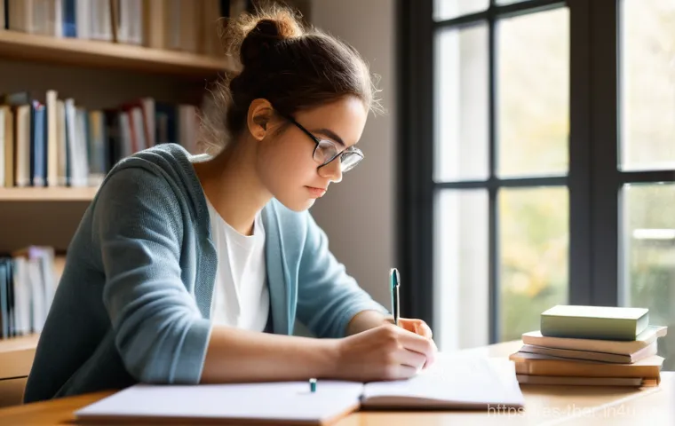 물리치료사의 논문 작성 과정 - A focused young adult, a physiotherapy student, is deeply engrossed in writing their thesis at a wel...